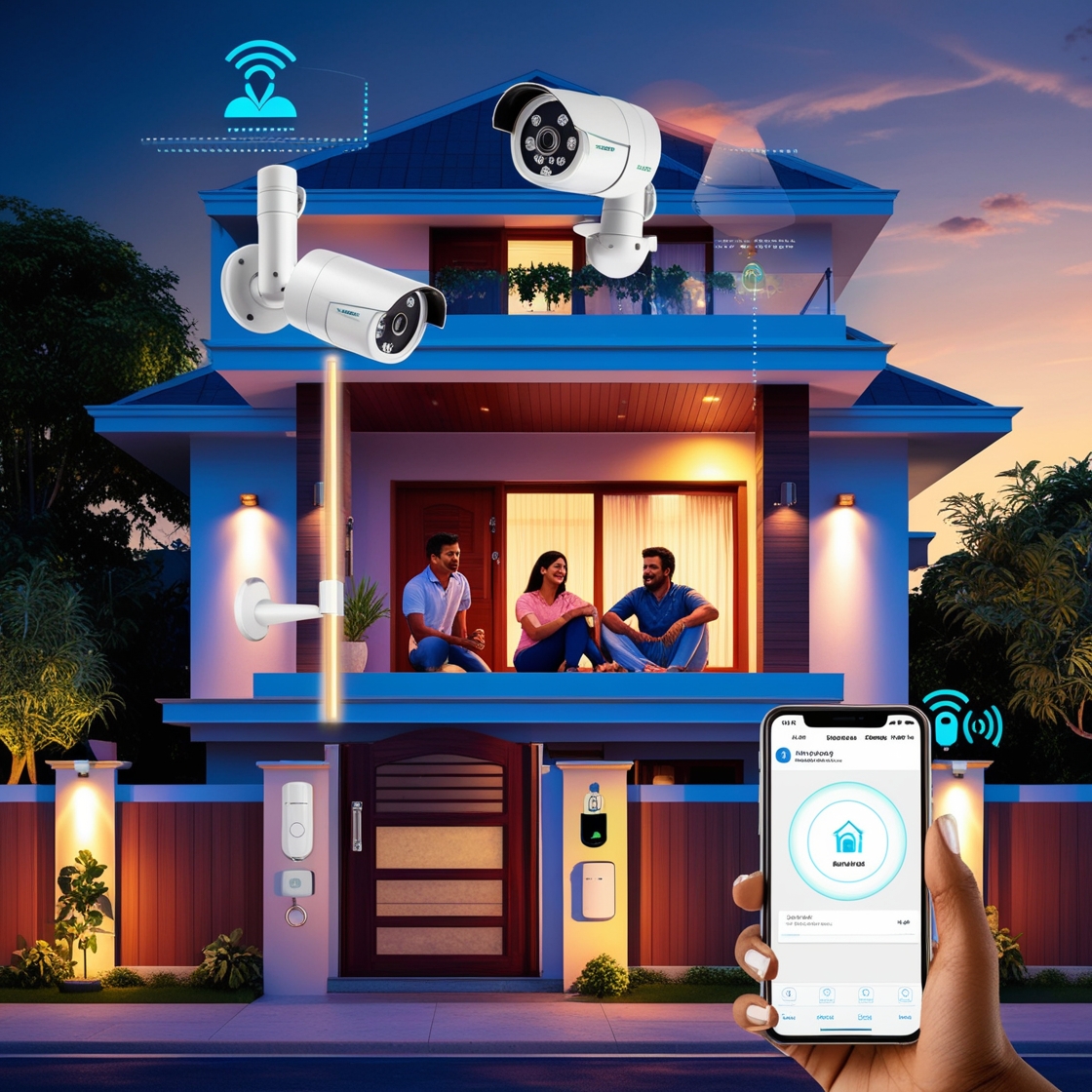 Modern Indian home with CCTV cameras, smart locks, motion-sensor lights, and smartphone alerts for home security in 2025