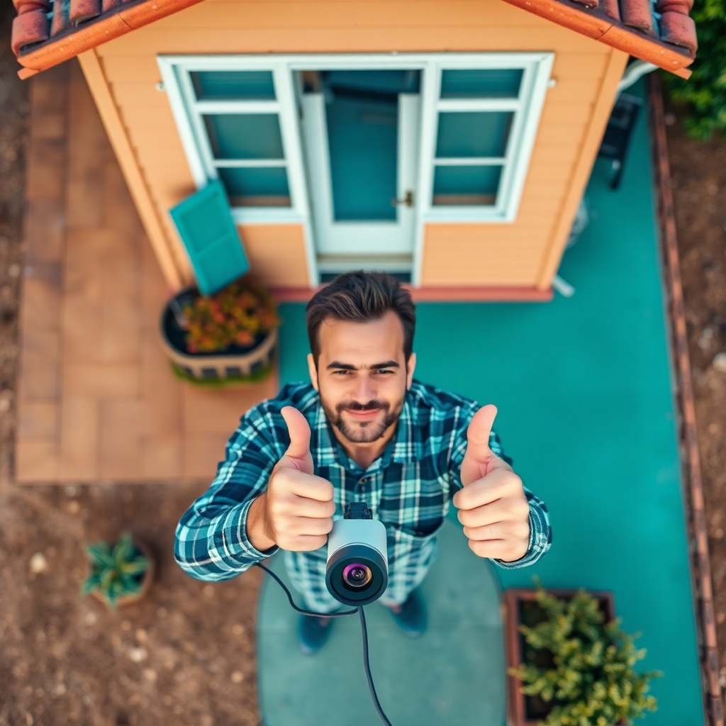 A man standing out of a house and showing the conclusion signal for home security trends2025.