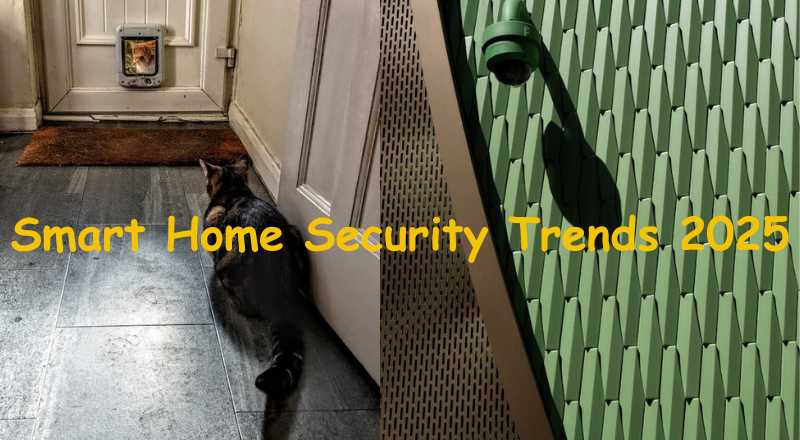 Cat observing a smart door screen displaying another cat, representing modern home monitoring and home security trends 2025.