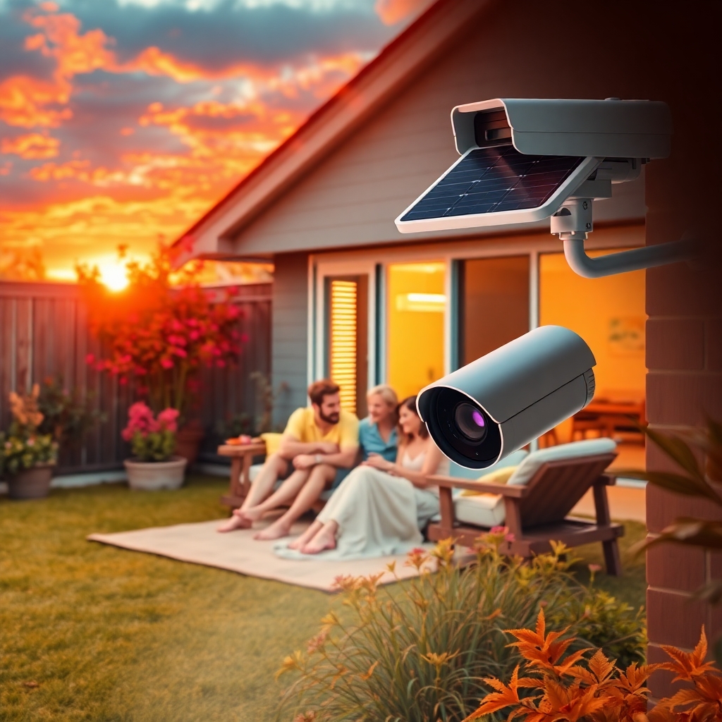Solar-powered security camera installed on a modern home exterior, showcasing eco-friendly home safety.