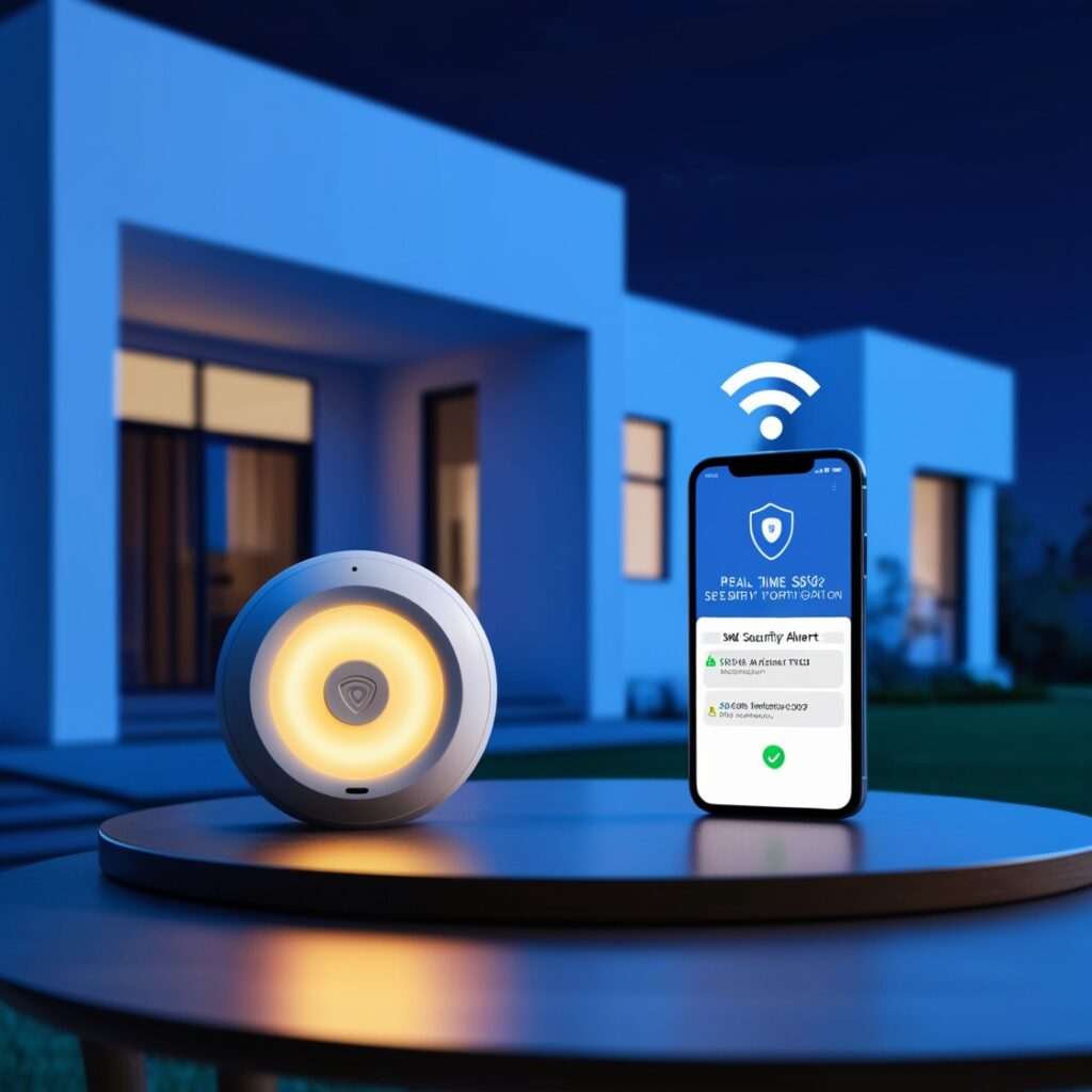 Smartphone displaying home security SMS alert beside a camera.