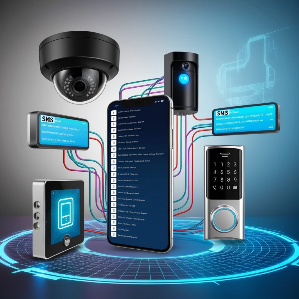Multiple home security devices linked to SMS alerts on smartphone.