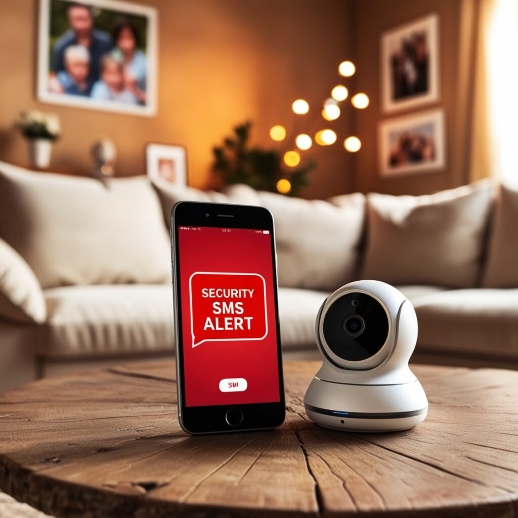 Smartphone displaying home security SMS alert systems beside a camera.