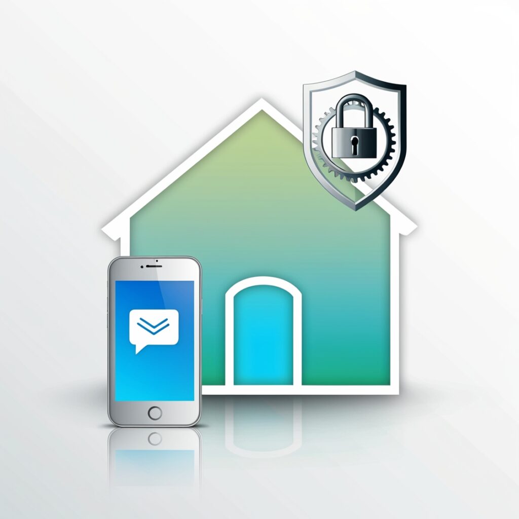 : Home security illustration with SMS alert