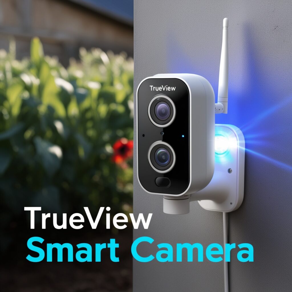 Trueview 4MP Smart Security Camera with dual lens, 4G SIM support, and pan/tilt functionality mounted outdoors