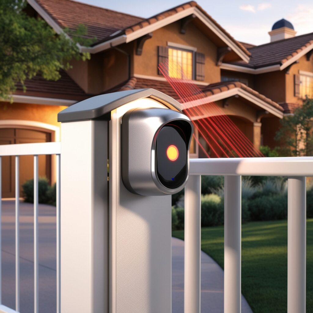 Infrared barrier detector installed on a home gate for security.