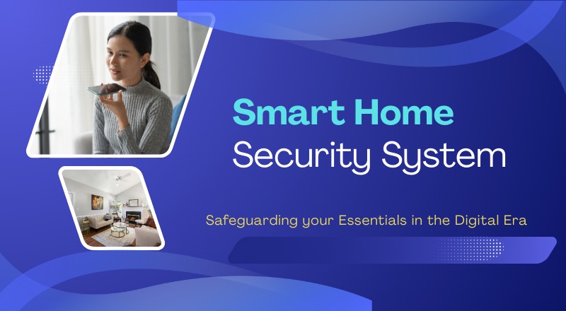 Smart home security system controlled by a woman using a smartphone app with a live camera view and smart lock features.