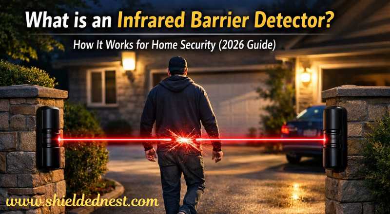 Infrared barrier installed across a home driveway detecting a man breaking the IR beam for perimeter security