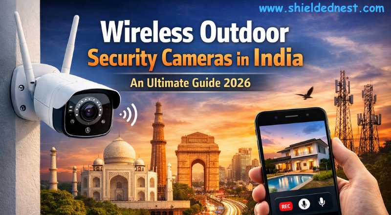 Wireless outdoor security camera India monitoring a modern home with smartphone remote access