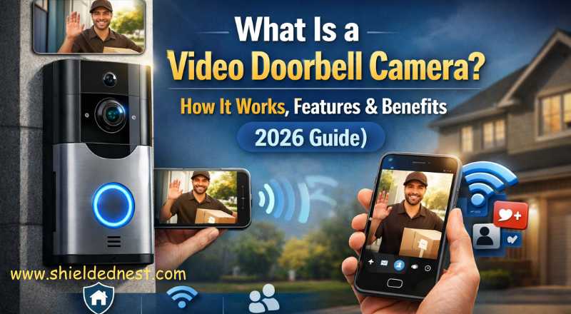 Video doorbell camera showing live visitor on smartphone with smart home security features