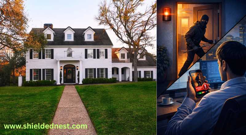 A home with home alarm system - sends notification to the home owner