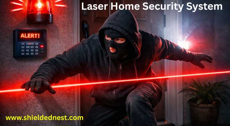 Laser home security system detecting thief crossing laser beam at home entrance with siren alert