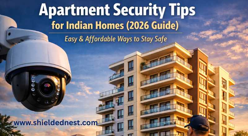 Apartment security tips for Indian homes showing CCTV camera and apartment building for better safety