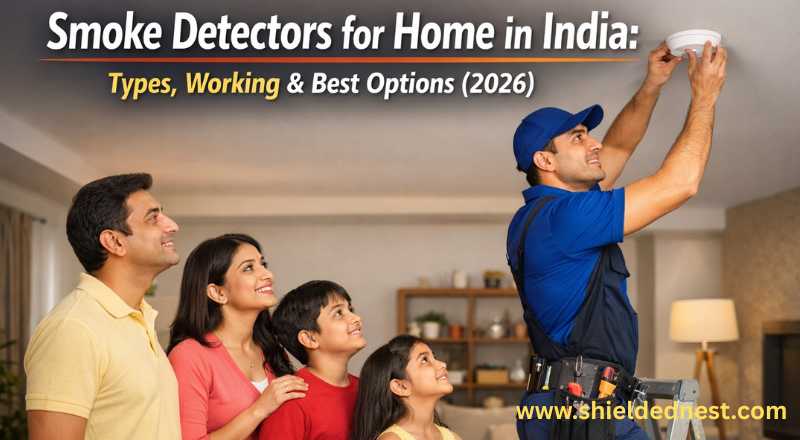 Technician installing smoke detectors for home in India while family watches in living room