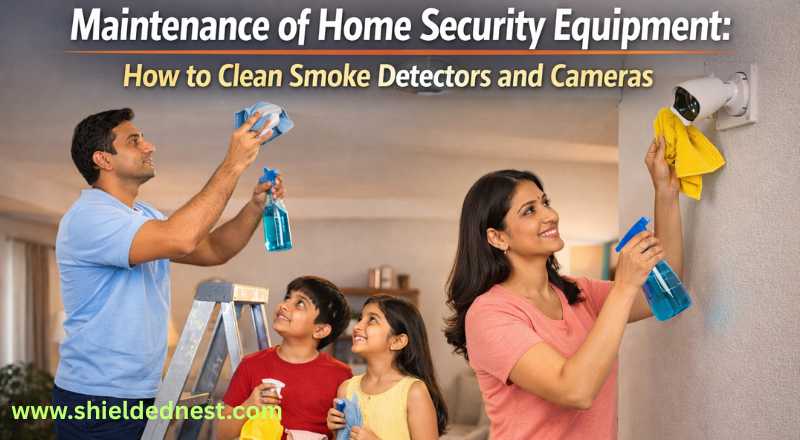 Man cleaning smoke detectors for home in India on ladder while woman cleans security camera and kids assist with supplies