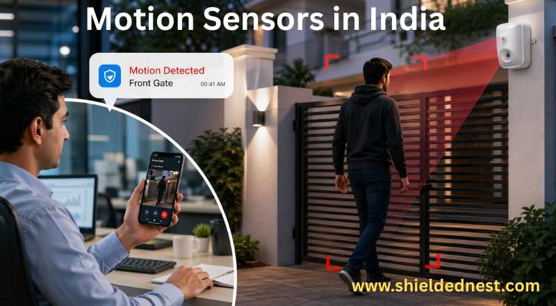 Motion sensors for home security in India detecting a person at the front gate with real-time alert sent to homeowner’s mobile