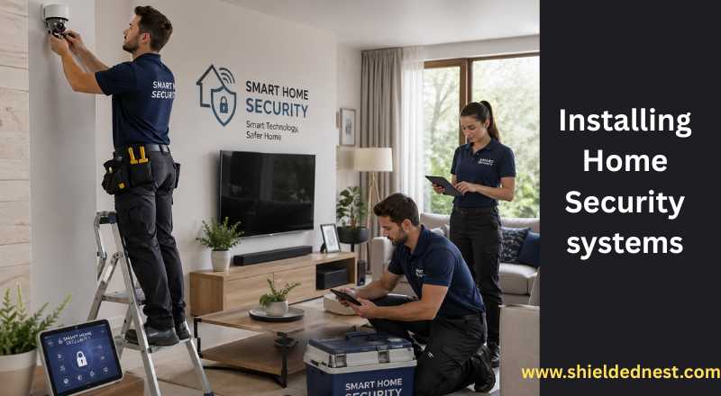 Smart home security installation with technicians setting up indoor CCTV camera in a modern living room