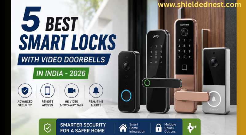 Smart locks with video doorbells in India - displayed on a modern home entrance for a 2026 home security guide in India.