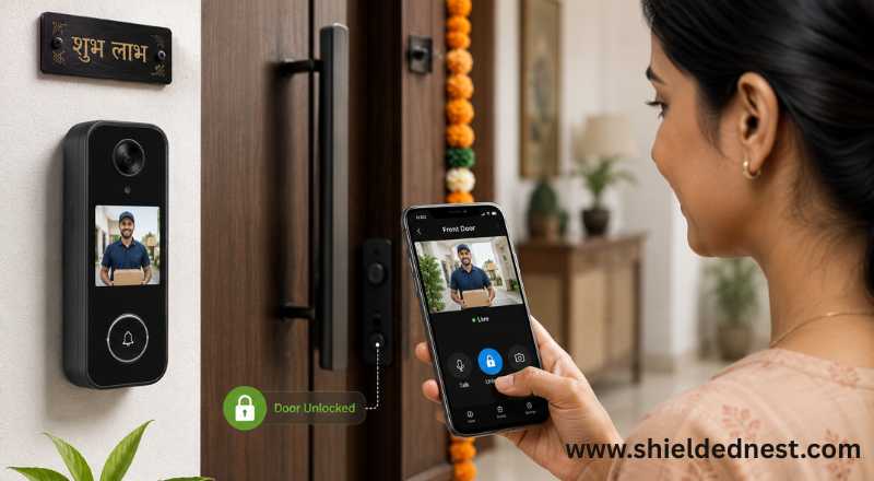 Woman using smartphone to unlock a smart lock with video doorbell in an Indian home using remote mobile access.