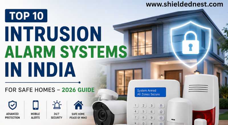 Top 10 Intrusion Alarm Systems in India for safe homes featuring smart alarm devices, sensors, siren, and home security system setup