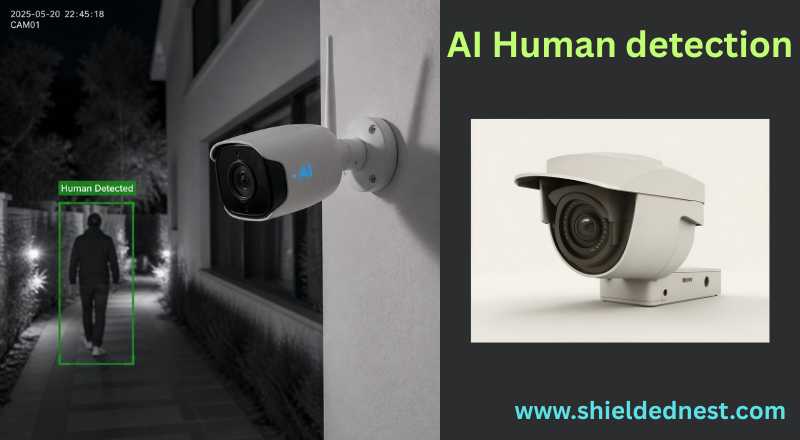AI CCTV Camera monitoring a modern home with motion detection, A walking person being watched by CCTV