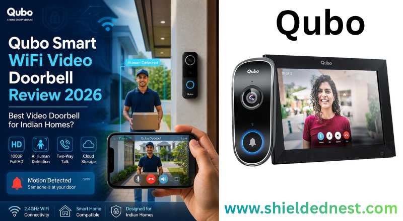 Qubo Smart WiFi Video Doorbell installed at an Indian home entrance with smartphone live view, AI person detection, and smart security features.