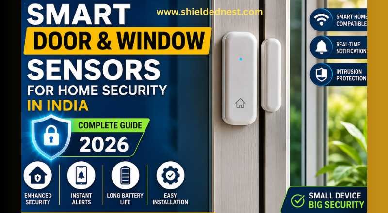 Smart door and window sensor installed on a home entrance, showcasing real-time alerts, intrusion protection, and smart home security features for Indian homes in 2026.