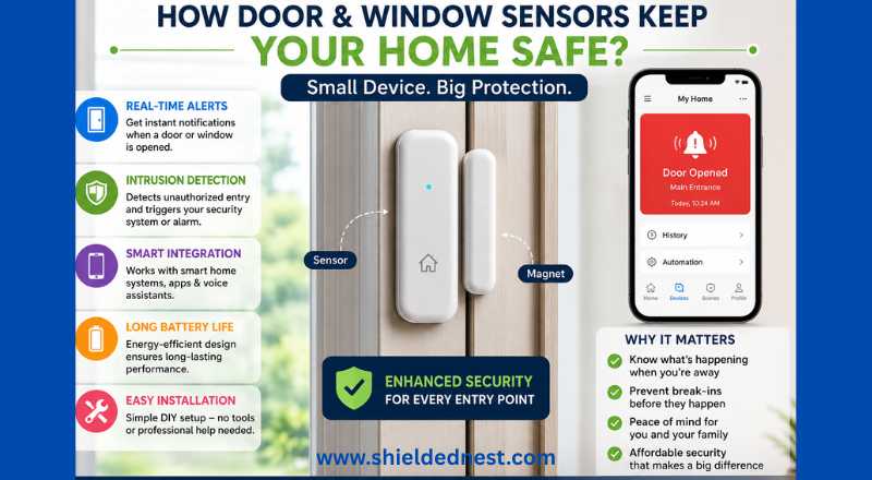 Infographic showing how smart door and window sensors enhance home security with real-time alerts, intrusion detection, smart home integration, long battery life, and easy installation.