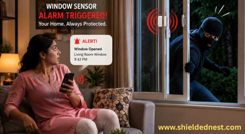 Indian woman aleted by a smar door and window sensor in India