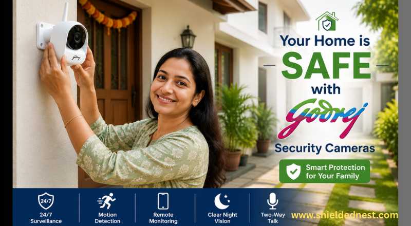 Indian woman installing a Godrej security camera outside her home, showcasing how Godrej Cameras for Home Security in India help keep families safe with smart surveillance features.