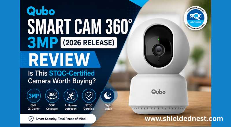 Qubo Smart Cam 360 3MP STQC-certified indoor security camera review with AI human detection and 360-degree coverage