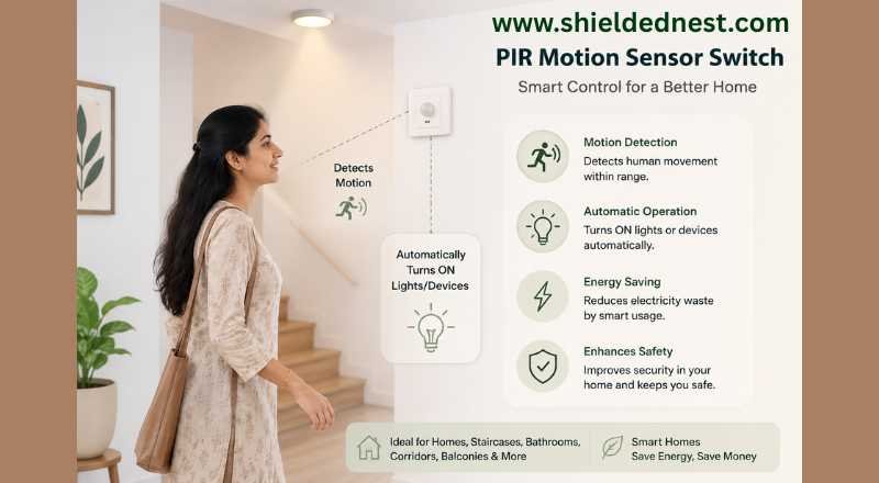 Indian woman walking through a hallway while a PIR Motion Sensor Switch detects movement and automatically turns on the lights.