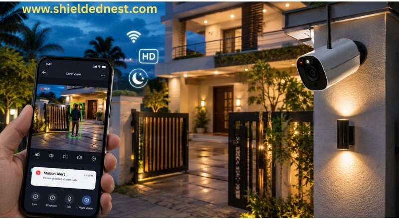 Wireless outdoor security cameras in India installed at the entrance of a modern house, with a smartphone displaying live video monitoring, AI motion detection alerts, Wi-Fi connectivity, and night vision features.