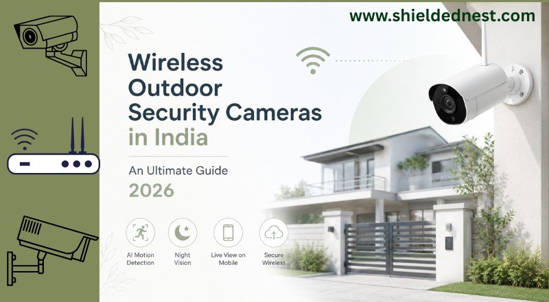 Modern wireless outdoor security cameras in India for installed on an Indian home exterior with Wi-Fi connectivity, AI motion detection, night vision, and mobile monitoring features highlighted in a clean infographic design.
