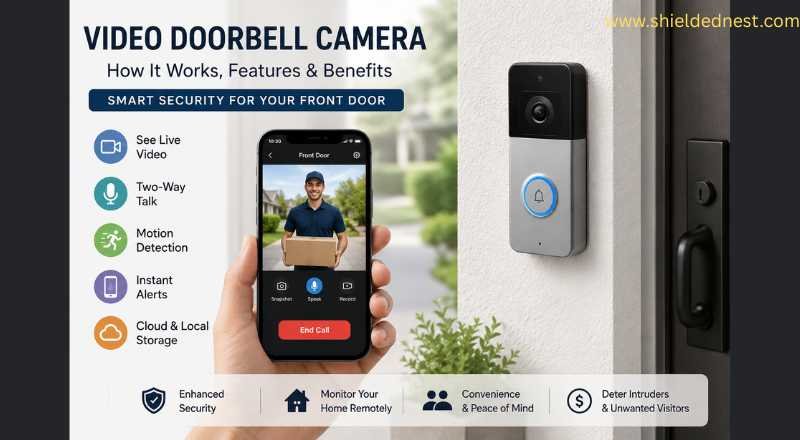 Illustration showing a video doorbell camera connected to a smartphone with live video feed, two-way audio, motion detection, instant alerts, and smart home security features.
