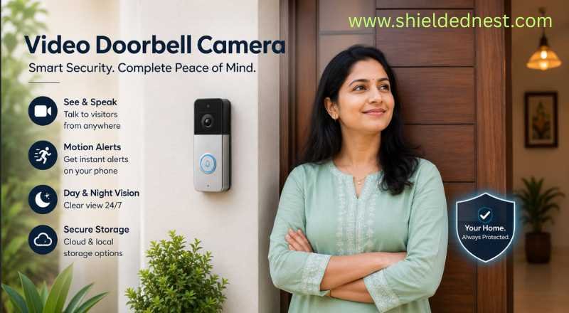 Indian woman standing confidently near her front door beside a video doorbell camera, highlighting smart home security, motion alerts, and remote visitor monitoring.