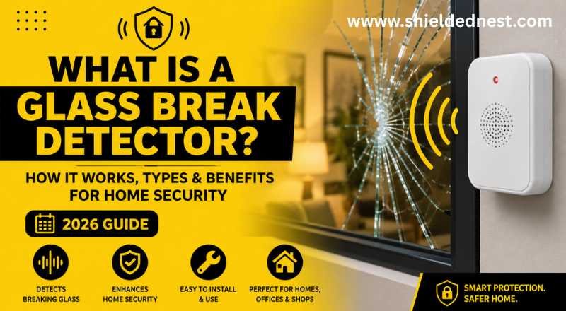 Glass break detector mounted near a shattered window, illustrating how glass break detection technology improves home security and intrusion protection.