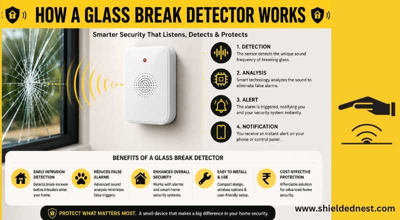 Infographic showing how a glass break detector detects breaking glass sounds, analyzes frequencies, triggers alarms, and enhances home security.