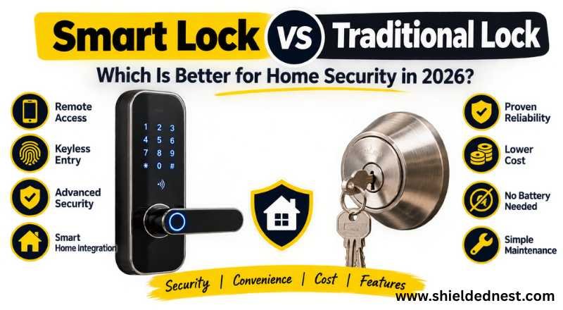Comparison of a smart lock vs traditional lock showing their key features, benefits, security advantages, and home security applications in 2026.