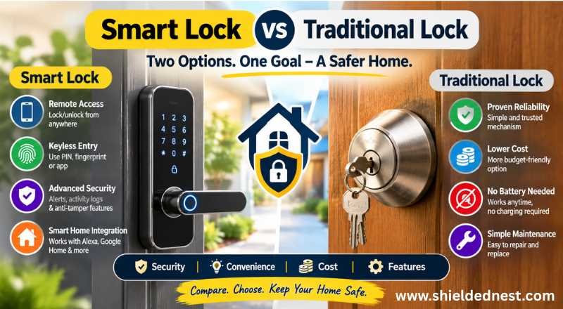 Side-by-side comparison of a smart lock and a traditional lock showing features, security benefits, convenience, cost, and home security advantages for homeowners.