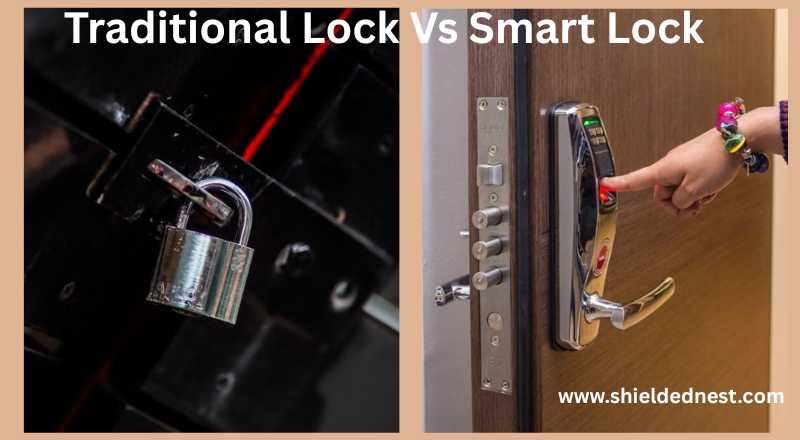 Side-by-side comparison of a smart lock and a traditional lock showing features, security benefits, convenience, cost, and home security advantages for homeowners.