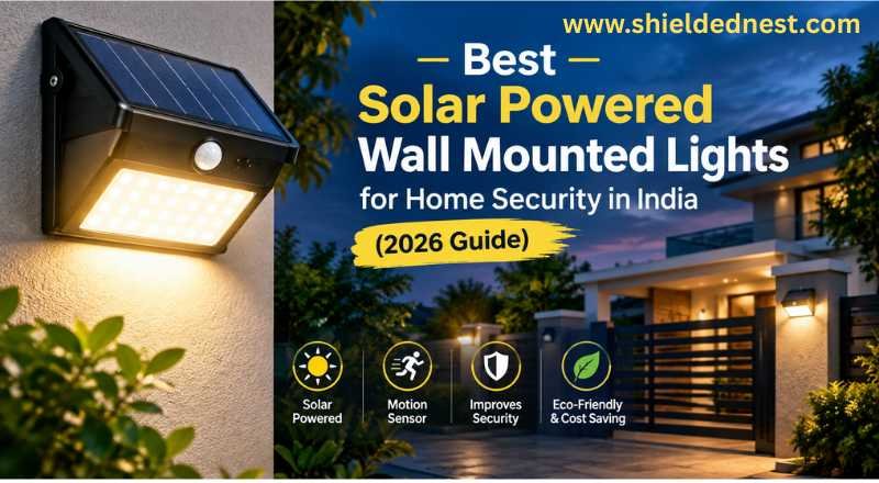 Solar powered wall mounted lights security light installed outside a modern Indian home, illuminating the entrance and gate at night for improved home security.
