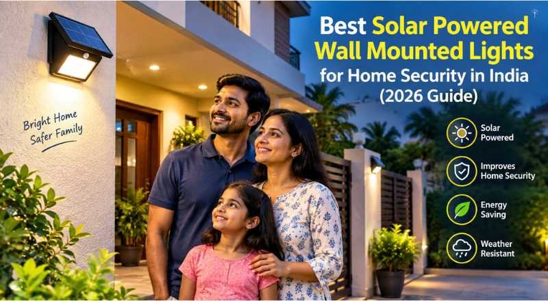 Indian family standing outside a modern home illuminated by solar powered wall mounted lights, showcasing enhanced home security and outdoor lighting in India.