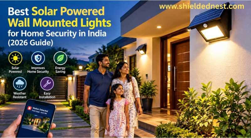 Indian family standing outside a modern house illuminated by solar powered wall mounted lights, demonstrating enhanced home security, energy savings, and outdoor lighting.
