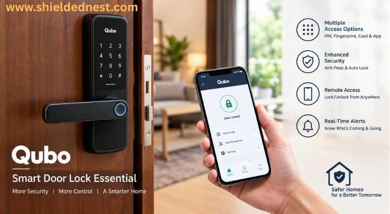 Qubo Smart Door Lock Essential installed on a wooden door with smartphone app control and smart home security features for Indian homes.
