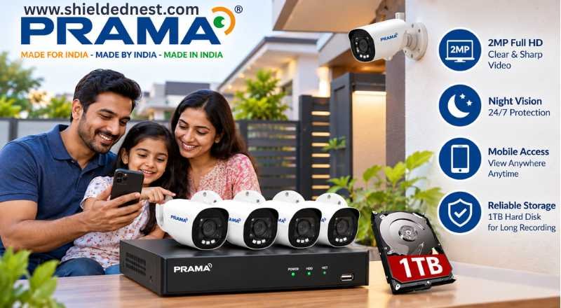 Indian family using a smartphone to monitor their Prama CCTV security system at home with live camera feeds displayed on a monitor.
