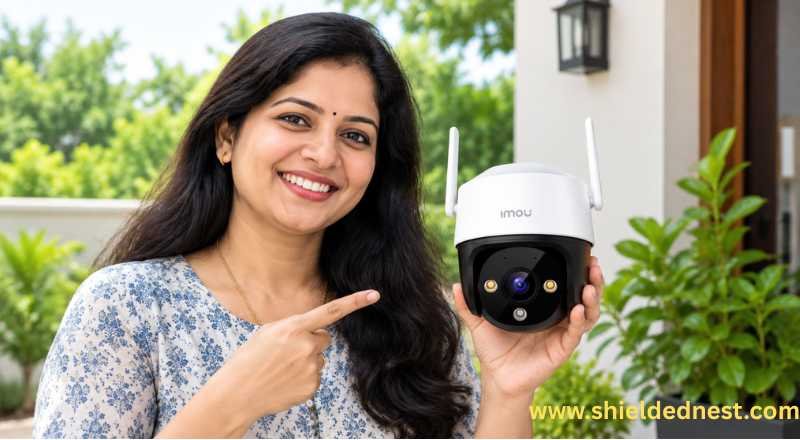 Smiling Indian woman holding an Imou Cruiser 4G outdoor security camera and pointing at its features in front of a modern home entrance.