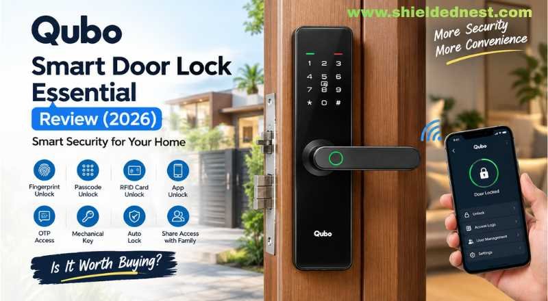 Qubo Smart Door Lock Essential Review 2026 showing fingerprint smart lock, mobile app control, and multiple keyless entry options for Indian homes.