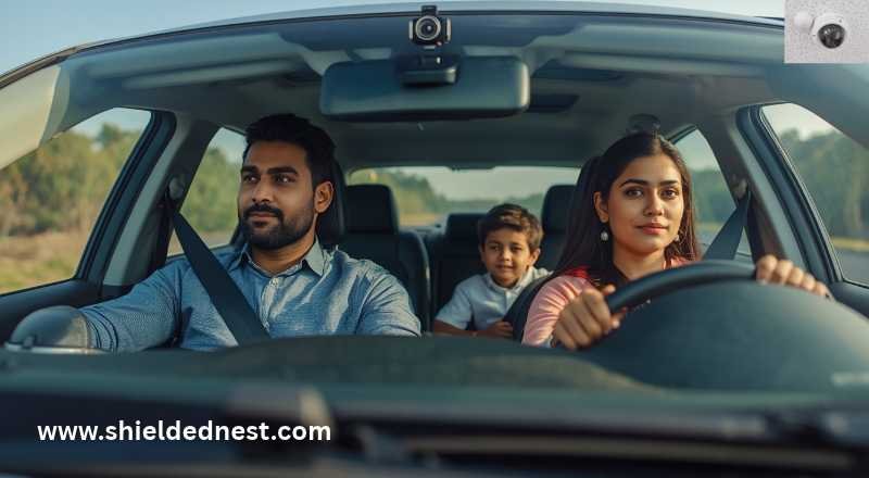 Indian family travelling in a car equipped with a CCTV camera for car
