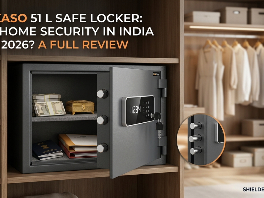 Open BonKaso safe locker 51 L (Electronic) stored in a wooden closet, containing cash, jewellery, and documents.